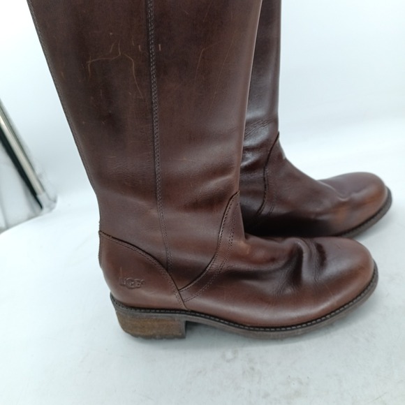 UGG Simmens Brown Leather Tall Riding Boots Womens 6.5 Back Zip 1006038 s15 - Picture 9 of 13